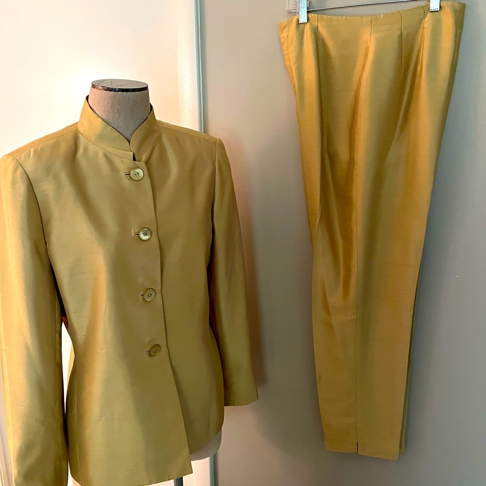 Dana Buchman gold silk suit from a Palm Beach home. Size 10